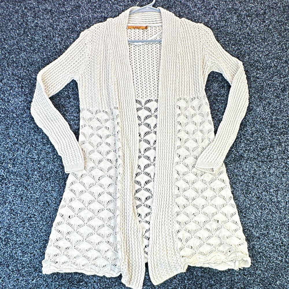 Bellini Women's Ivory Open-Knit Crochet Cardigan Sweater Long Sleeve Size M